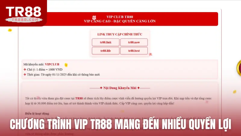 Chương trình VIP TR88 mang đến nhiều quyền lợi hấp dẫn