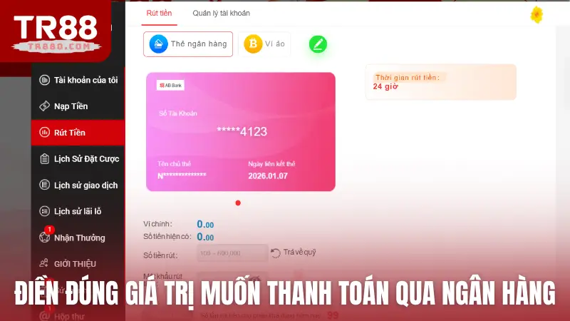 Điền đúng giá trị muốn thanh toán qua ngân hàng
