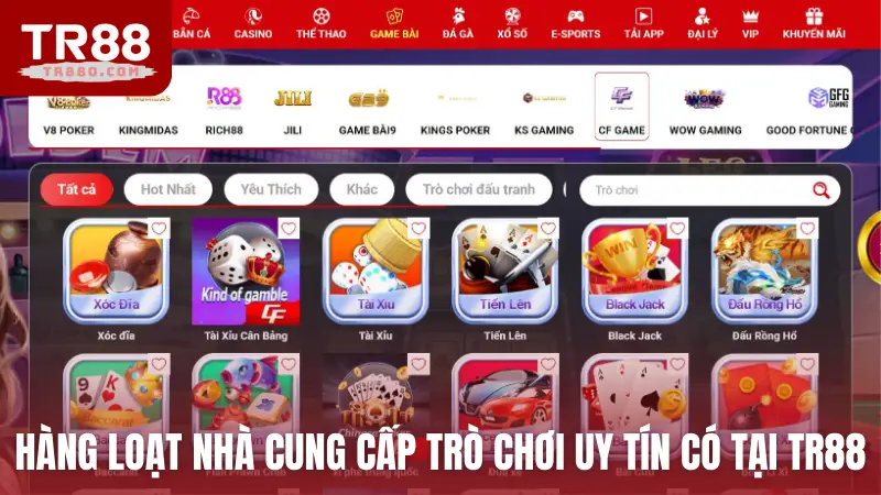 Hàng loạt nhà cung cấp trò chơi uy tín có tại TR88