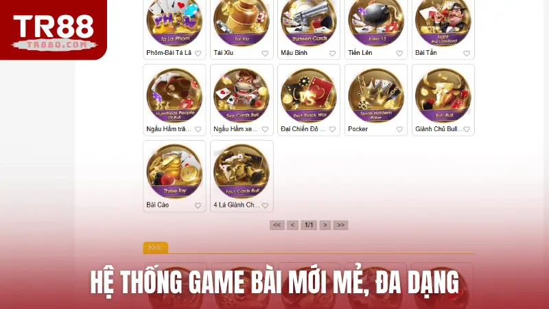 Hệ thống game bài mới mẻ, đa dạng