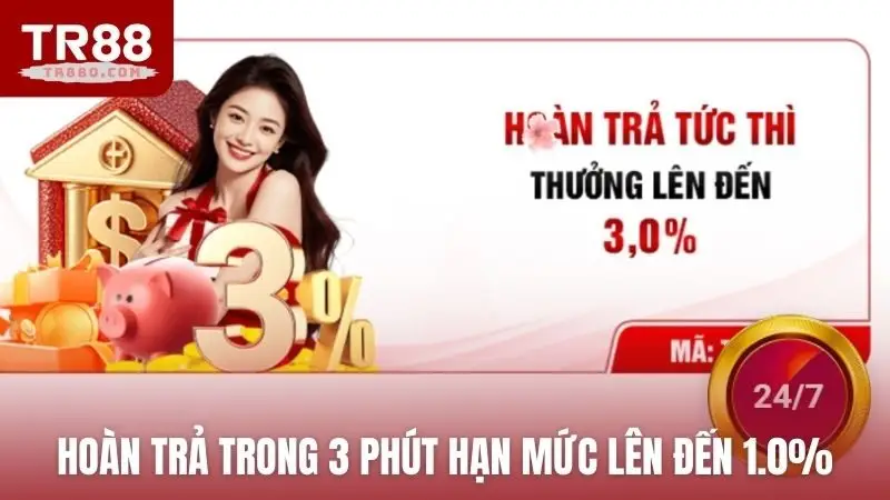 Hoàn trả trong 3 phút hạn mức lên đến 1.0%